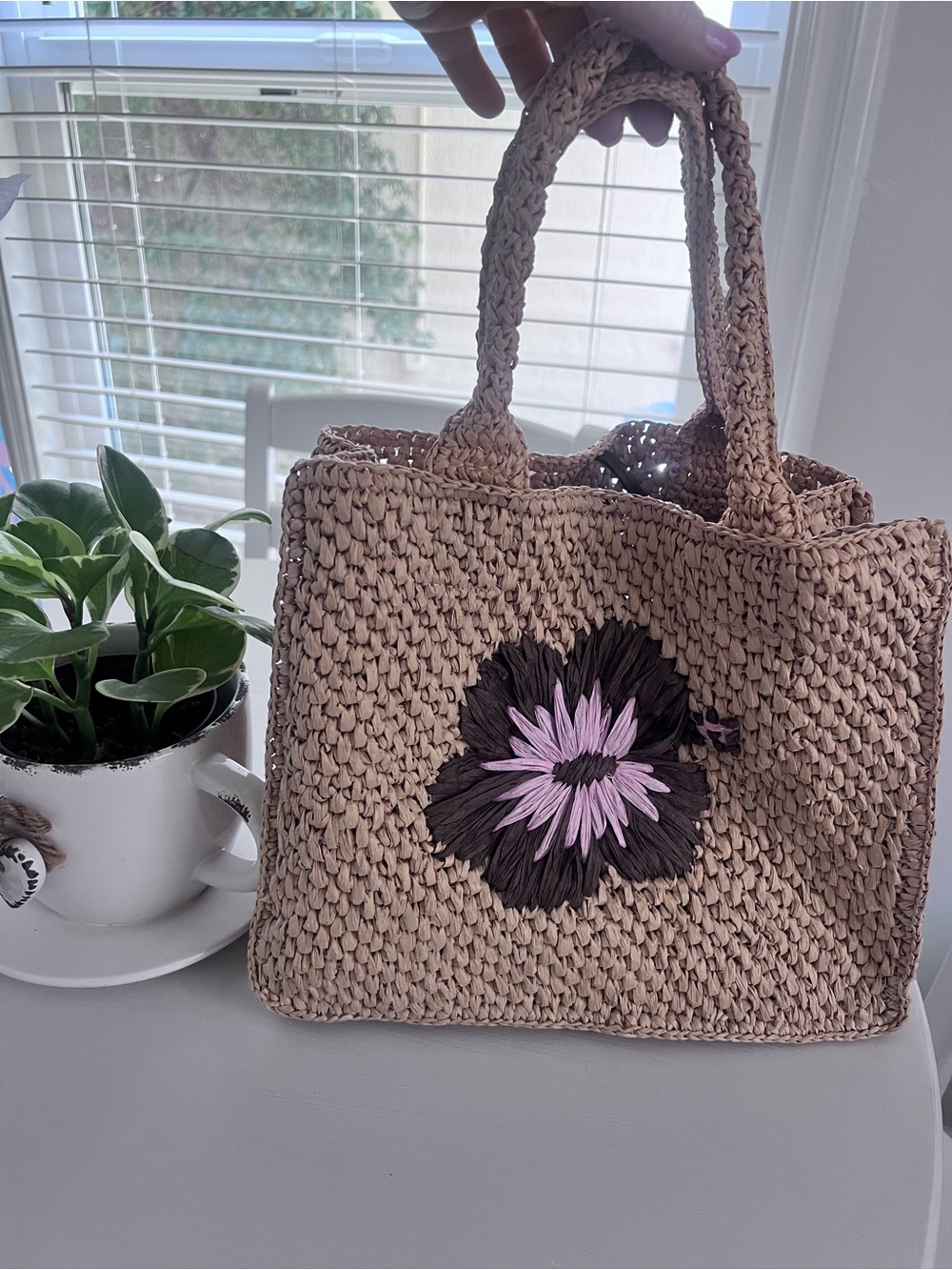 Woven Straw Tote Bag with Pink Floral Embroidery
